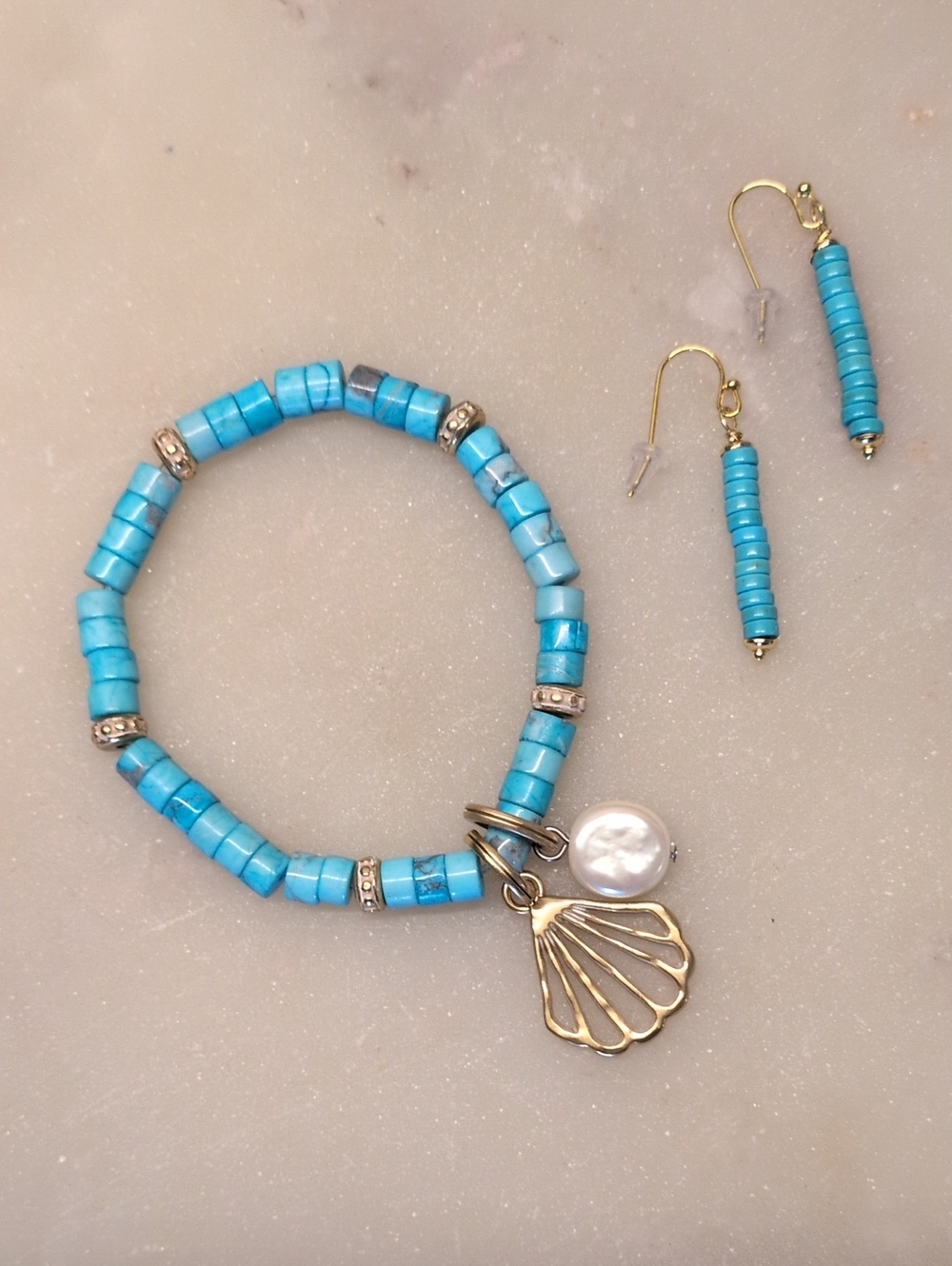 Brighton Set Calypso Shell Turquoise Stretch Beaded Bracelet & Earrings